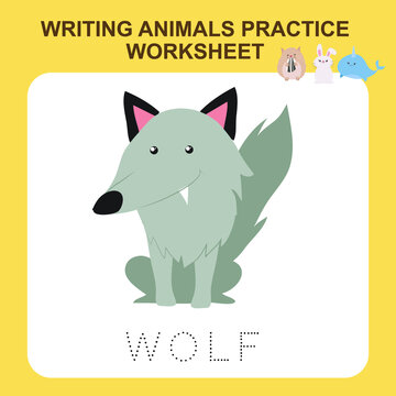 Writing animals practice worksheet. Educational printable worksheet. Exercises lettering game for kids. Vector illustration.