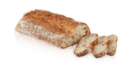 Sliced bakery bread with mirror reflection isolated on white background clipping path