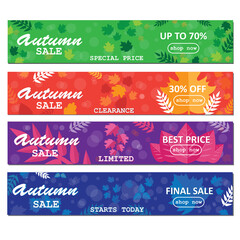 Autumnal shop discount. Sale text banners for shopping set, vector illustration isolated on white background. Foliage flyer decoration for discount or web banner. Concept for seasonal promotion