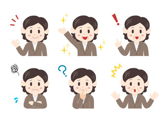 中年女性ビジネスウーマンの表情イラストセット