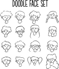 16 doodle of children face in black and white outline for icon, profile, and avatar, faces with diversity 
