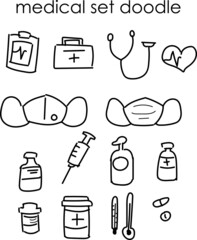 medical set doodle in black and white outline, stethoscope, face masks, syringes, pills, medicine, hand sanitizers, heartbeats and thermometer