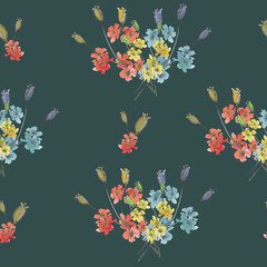 watercolor illustration seamless pattern bouquet of wildflowers,poppies on a dark blue background,for wallpaper or fabric