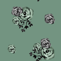 WATERCOLOR ILLUSTRATION SEAMLESS PATTERN ,GRAY AND DARK PINK ROSES,TWIG,ON A PINK BACKGROUND,FOR WALLPAPER OR FABRIC
