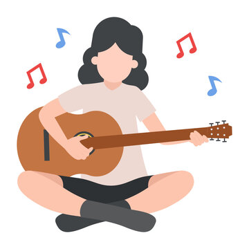Attractive Young Girl Is Playing Guitar with Music Notes Concept Vector Color Icon Design, Free time activities Symbol, Extracurricular activity Sign, hobbies interests Stock Illustration
