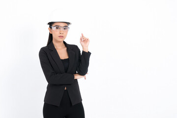 Portrait engineer woman on white background.