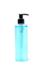 Blue gel alcohol, pump bottle on white background.