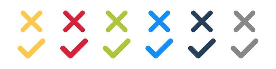 checkmark x sign cross color icon set. Check mark yes no poll symbol. Right wrong checklist with checkmark and cross vector illustration isolated