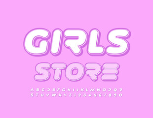 Vector stylish Emblem Girls Store. Original Font. Artistic Alphabet Letters and Numbers