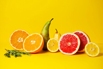 Tropical fruits grapefruit, orange, lime and pears on a yellow background with rosemary sprigs. ideal for advertising healthy food, a blog about vitamins and a healthy lifestyle. copy space