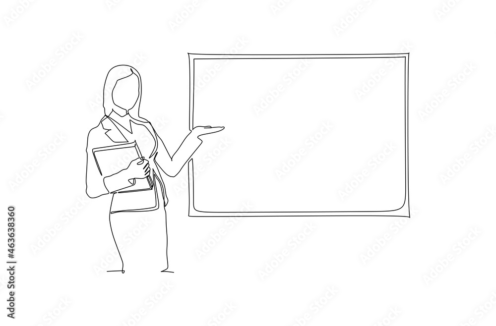 Wall mural one single line drawing of young businesswoman presenting new golden rules of company to the workers