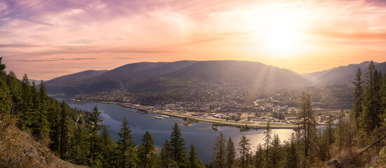 Panoramic View of a small Town, Nelson. Colorful Sunrise Sky Art Render. Located in the Interior of British Columbia, Canada.