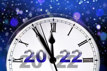 Fototapeta na wymiar Happy New Year 2022 with clock and blue bokeh lights