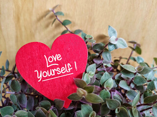 Inspirational and Motivational Concept - love yourself text written on red heart shaped background....