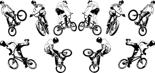 A set of pattern of athletes on BMX bikes performing stunts