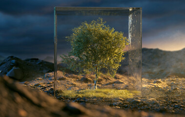 Tree in a glass box (3D Rendering)