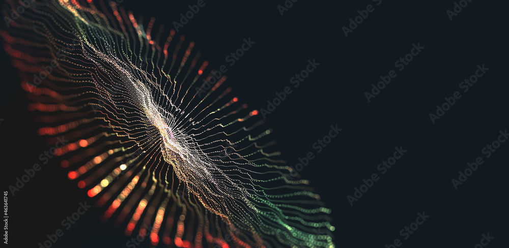 Poster Big data funnel. Information waves, analytics data, field of successive points, data flow, neon light, cyber structure of computer systems 3D illustration