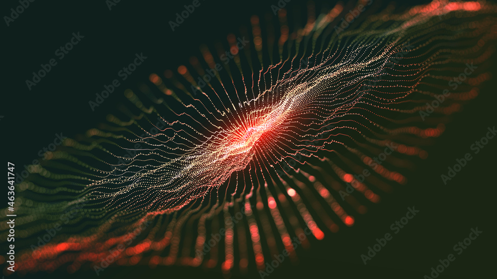 Poster Big data funnel. Abstract 3D illustration. Technology neural network background concept. Wave, dots, weave lines. AI visualization concept, digital universe