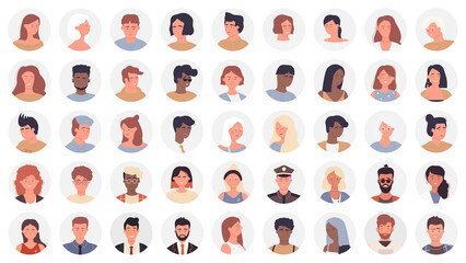 Icon avatars of people, different profession and age vector illustration set. Cartoon round avatar for man woman, business worker character, professional manager, student and teacher isolated on white