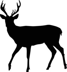 Black silhouette of a deer with large horns. Animal. Illustration on a white background.