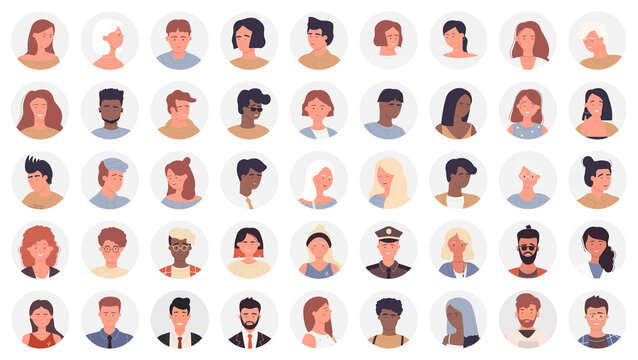 Icon avatars of people, different profession and age vector illustration set. Cartoon round avatar for man woman, business worker character, professional manager, student and teacher isolated on white