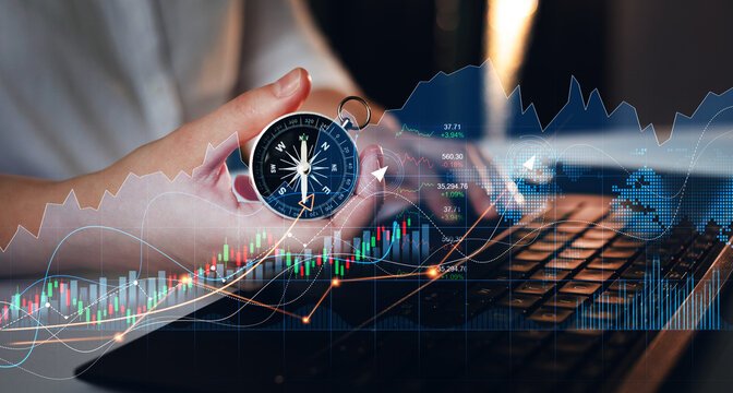 Business Woman holding navigation with the compass for orientation business people which take over and grow their businesses during the economic crisis. Reinvent and recovery concept. 