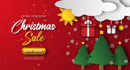 Christmas Sale Banner with paper cut style on red color background