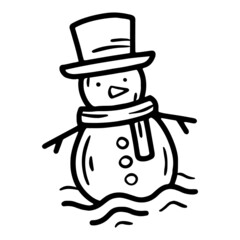 Snowman in hat and scarf linear vector icon in doodle sketch style