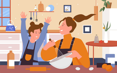 Fototapeta na wymiar Mother and daughter cook together in kitchen vector illustration. Cartoon young woman parent in apron holding whisk and bowl to bake homemade cake with assistance of kid. Happy family time scene