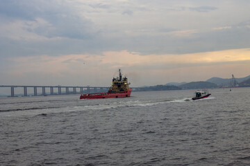 A vessel and a speed boat at Guanabara Bay, Rio de Janeiro