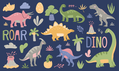 Set of different colorful cute dinosaurs among tropical plant, palm trees, volcano and inscription DINO ROAR. Cartoon animals isolated on blue background. Hand drawn modern flat vector illustration © Alice