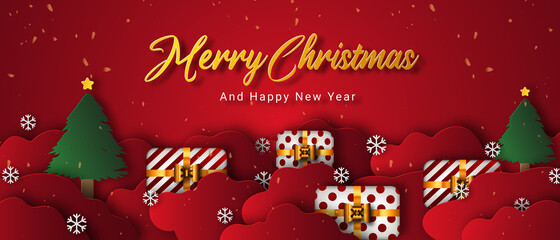 Merry christmas and happy new year, banner style on luxury red background