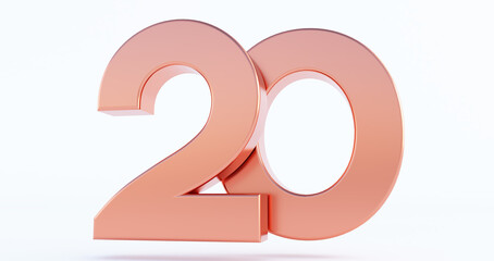 bronze number 20 isolated on white background, 3D rendered glossy metallic digit
