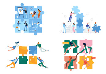 Business people connect puzzle together set vector illustration. Cartoon corporate office workers building unity, woman man characters with pieces of puzzle jigsaw. Partnership, cooperation concept - obrazy, fototapety, plakaty