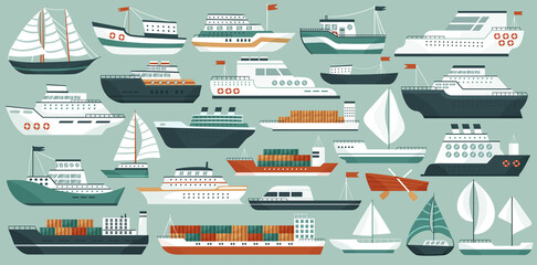 Ships and boats set vector illustration. Cartoon modern marine transport collection, cruise passenger and military ship, fishing sailboat and yacht, cargo freight carrier with containers and flag © Flash Vector