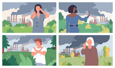 Stop air pollution vector illustration. Cartoon urban industrial landscape, factory and chemical plant pollute environment with clouds of smoke from chimney smokestack, people with warning gesture