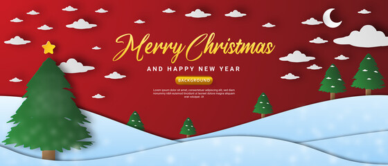 Merry christmas and happy new year, banner style on paper cut element style