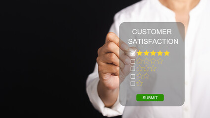 Customer experience, feedback, service evaluation, and satisfaction conceptual. People giving feedback via the internet on virtual screen. Positive review. Client satisfaction surveys