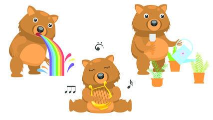 Set Abstract Collection Flat Cartoon 
Different Animal Wombat Pukes A Rainbow, Plays The Lyre, Watering Plants From A Watering Can Vector Design Style Elements Fauna Wildlife