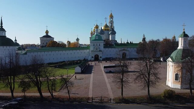 Sergiev Posad, Russia - 08 October 2021: Autumn view of the Holy Trinity Lavra of St. Sergius from a bird's eye view