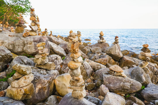 Stone stacked on rock beach at Laem Hua Mong - Kho Kwang Viewpoint in Chomphon province Thailand