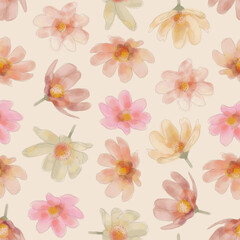 Seamless pattern with watercolor flowers. Painted background in pastel colors.