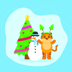  This is a card with a cute tiger. Vector winter illustration.