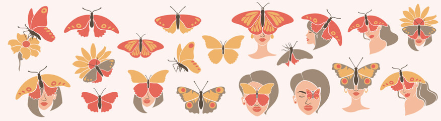 Woman with butterflies in a modern flat art style.