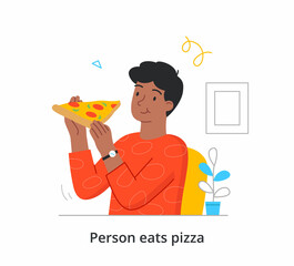 Man eats pizza concept. Male character sitting at home or in cafe and holding piece of delicious hot dish. Fast food or Italian cuisine. Cartoon flat vector illustration isolated on white background