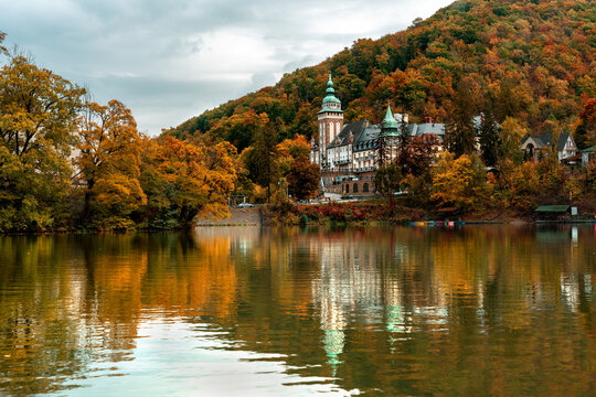 autumn at Hámori lake in Miskolc Lillafüred with the palace castle and reflection