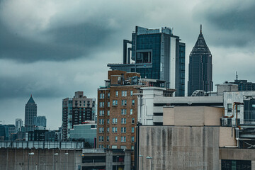 Atlanta, Georgia city skyline in downtown with storm clouds in background
