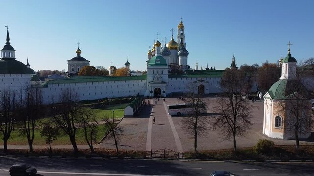 Sergiev Posad, Russia - 08 October 2021: Autumn view of the Holy Trinity Lavra of St. Sergius from a bird's eye view