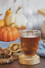 Tea with autumn decor,  pumpkins,dry  Orange slices and cinnamon on table and white  background....