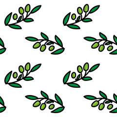 Seamless pattern with hand drawn green olive branch.